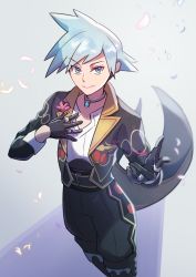Rule 34 | 1boy, black gloves, blue eyes, blue hair, closed mouth, collar, commentary request, creatures (company), game freak, gloves, hands up, highres, jewelry, looking at viewer, male focus, nintendo, official alternate costume, pants, petals, pokemon, pokemon masters ex, ring, shirt, short hair, smile, solo, spiked hair, steven stone, steven stone (anniversary 2021), white shirt, zeroki (izuno)