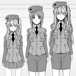 Rule 34 | 3girls, aged up, beret, closed mouth, commentary, dress shirt, emblem, girls und panzer, greyscale, hair ribbon, hat, height chart, height mark, highres, jacket, japanese tankery league (emblem), long hair, long sleeves, looking at viewer, military, military hat, military uniform, miniskirt, monochrome, multiple girls, necktie, nishizumi miho, one side up, pencil skirt, petag2, pleated skirt, ribbon, selection university military uniform, shimada arisu, shirt, short hair, side-by-side, sketch, skirt, smile, standing, time paradox, uniform