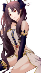 Rule 34 | 1girl, arm support, armlet, asymmetrical legwear, asymmetrical sleeves, bad id, bad pixiv id, bare arms, bare legs, bare shoulders, black hair, black ribbon, blue detached sleeves, blue thighhighs, breasts, closed mouth, crown, detached sleeves, earrings, elbow gloves, fate/grand order, fate (series), female focus, gloves, groin, hair ribbon, head tilt, hoop earrings, ishtar (fate), jewelry, legs, long hair, looking at viewer, medium breasts, midriff, neck, neck ring, red eyes, revealing clothes, ribbon, simple background, single elbow glove, single sleeve, single thighhigh, sitting, solo, strapless, sunahara (toki0707), thighhighs, thighlet, thighs, tohsaka rin, two side up, type-moon, uneven legwear, uneven sleeves, waist cape, wariza, white background