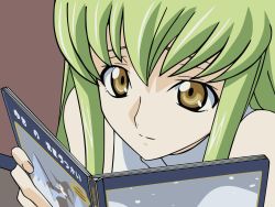 Rule 34 | 00s, 1girl, bare shoulders, book, c.c., code geass, green hair, highres, holding, holding book, open book, reading, sidelocks, solo, upper body, vector trace, yellow eyes