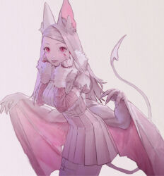 Rule 34 | 1girl, animal ears, arm warmers, bat ears, bat girl, bat tail, bat wings, breasts, brown hair, commentary, evina ic, extra arms, grey background, grey skirt, hands on own cheeks, hands on own face, highres, leaning forward, looking at viewer, medium breasts, nail polish, original, pink eyes, pleated skirt, puffy short sleeves, puffy sleeves, red eyes, red nails, ribbed sweater, short sleeves, skirt, smile, solo, sweater, swept bangs, symbol-only commentary, wings
