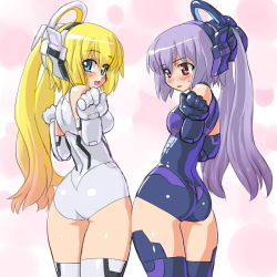 Rule 34 | 10s, 2girls, arnval, ass, bad id, bad pixiv id, blonde hair, blue eyes, busou shinki, character request, dd (ijigendd), doll joints, elbow gloves, from behind, gloves, joints, leotard, long hair, looking back, multiple girls, purple eyes, purple hair, tempesta, thighhighs, twintails