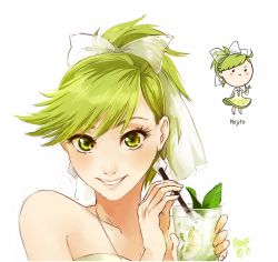 Rule 34 | 1girl, bare arms, bare shoulders, blush, blush stickers, bow, chibi, cup, dress, drink, drinking straw, earrings, food, food-themed clothes, fruit, glass, green dress, green eyes, green hair, hair bow, holding, jewelry, lime (fruit), lips, looking at viewer, matching hair/eyes, meago, mojito, multiple views, original, personification, ponytail, signature, simple background, sketch, smile