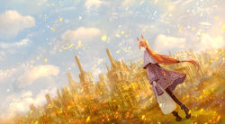 Rule 34 | 1girl, animal ears, bag, brown eyes, capelet, city, cloud, day, dress, dutch angle, fantasy, fox ears, light particles, long hair, looking back, low-tied long hair, original, path, red hair, road, sakimori (hououbds), scenery, sky, solo, sun, walking, wind