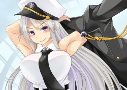 Rule 34 | 1girl, adjusting clothes, arm behind head, armpits, arms up, azur lane, belt, black neckwear, breasts, buttons, closed mouth, coat, collared shirt, commentary request, enterprise (azur lane), hair between eyes, hat, imagawa akira, large breasts, looking at viewer, military, military hat, peaked cap, purple eyes, shirt, sleeveless, sleeveless shirt, smile, solo, star (symbol), upper body, white hair