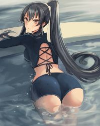 Rule 34 | 1girl, alternate costume, ass, black hair, blush, breasts, brown eyes, hair between eyes, highres, kantai collection, kasumi (skchkko), large breasts, long hair, long sleeves, looking at viewer, looking back, parted lips, partially submerged, ponytail, solo, water, yahagi (kancolle)