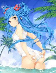 Rule 34 | 1girl, adjusting clothes, adjusting swimsuit, ass, beatmania, beatmania iidx, bemani, blue hair, breasts, covered erect nipples, day, hair ornament, hair rings, highres, jubeat, long hair, looking at viewer, looking back, maud, nipples, one-piece swimsuit, palm tree, partially submerged, red eyes, see-through, sky, small breasts, solo, swimsuit, tree, tries, twintails, very long hair, wading, water, white one-piece swimsuit