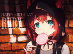 Rule 34 | 1girl, :q, black choker, black jacket, blue eyes, braid, brick wall, candy, character name, chibi, choker, closed mouth, commentary request, dated, eyebrows hidden by hair, food, grey shirt, hair between eyes, hand up, happy birthday, holding, holding candy, holding food, holding lollipop, hood, hood up, hooded jacket, horned hood, horns, jacket, kurosawa ruby, langbazi, lollipop, love live!, love live! school idol festival, love live! sunshine!!, red hair, shirt, signature, smile, solo, swirl lollipop, tongue, tongue out, upper body