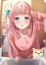 Rule 34 | 2girls, :o, absurdres, animal, bathroom, blue eyes, blurry, blurry background, blush, bocchi the rock!, breasts, child, cleavage, commentary, cube hair ornament, dog, doorway, gotoh futari, gotoh hitori, hair ornament, hand on own forehead, highres, jacket, jimihen, kirinagi35, leaning forward, long hair, looking at another, medium breasts, multiple girls, pink hair, pink jacket, shiba inu, siblings, side ahoge, sidelocks, sisters, solo focus, toothbrush