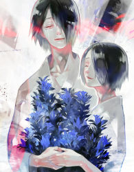 Rule 34 | 2boys, aged down, black background, black hair, blue flower, bouquet, closed eyes, closed mouth, collarbone, commentary, dual persona, facing viewer, flower, furuta nimura, grey background, hair over one eye, highres, holding, holding bouquet, holding hands, koujima shikasa, multiple boys, red background, robe, short hair, symbol-only commentary, tokyo ghoul, tokyo ghoul:re, upper body, white robe