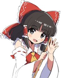 Rule 34 | 1girl, ascot, bare shoulders, black hair, bow, broom, collared vest, commentary request, detached sleeves, frilled bow, frills, hair bow, hakurei reimu, highres, holding, holding broom, japanese clothes, long sleeves, looking at viewer, miko, miz (mizillustration), one-hour drawing challenge, open mouth, red bow, red vest, simple background, smile, solo, touhou, vest, white background, wide sleeves, yellow ascot