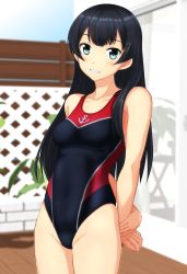 Rule 34 | 1girl, absurdres, agano (kancolle), anchor print, black hair, black one-piece swimsuit, blue eyes, breasts, competition swimsuit, covered navel, cowboy shot, fence, highleg, highleg swimsuit, highres, kantai collection, long hair, multicolored clothes, multicolored swimsuit, one-piece swimsuit, red one-piece swimsuit, small breasts, solo, standing, swimsuit, takafumi