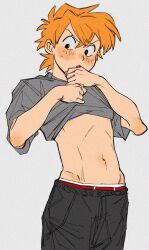 Rule 34 | 1boy, black pants, blush, br&#039;er fox (disney), clothes lift, embarrassed, grey background, grey shirt, highres, humanization, looking at viewer, male focus, male underwear, male underwear peek, navel, open mouth, orange hair, pants, red male underwear, shirt, shirt lift, short sleeves, solo, song of the south, underwear, uochandayo