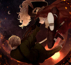 Rule 34 | 2boys, axis powers hetalia, black hat, blonde hair, blouse, blue eyes, boots, crescent moon, dual persona, eyepatch, from behind, full body, gun, hat, holding, holding sword, holding weapon, male focus, midair, moon, multiple boys, one eye covered, pirate, reflection, rimuro, shirt, star (sky), sunset, sword, united kingdom (hetalia), weapon, white shirt