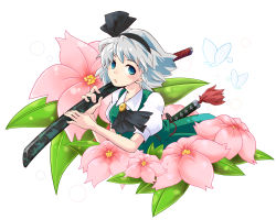 1girl bad_id bad_pixiv_id blue_eyes bug butterfly female_focus flower hairband highres bug katana kazukura konpaku_youmu sheath sheathed short_hair silver_hair solo sword touhou weapon