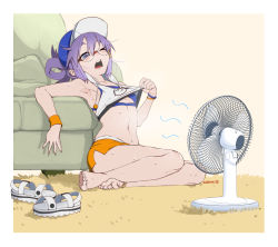Rule 34 | absurdres, armband, armpits, bare legs, barefoot, carpet, couch, crop top, electric fan, glasses, hat, highres, hot, leaning on object, legs folded, looking down, messy hair, mrgagfoot, navel, on floor, one eye closed, open mouth, original, ponytail, purple eyes, purple hair, sandals, shirt tug, short shorts, shorts, signature, sitting, stomach, summer, sweat, tongue