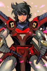 Rule 34 | 1boy, armor, black hair, blue eyes, closed mouth, cowboy shot, dual wielding, frown, holding, holding sword, holding weapon, hungry clicker, katana, looking at viewer, male focus, pauldrons, ronin warriors, samurai, sanada ryou, shoulder armor, solo, standing, sunrise (company), sword, weapon, yoroiden samurai troopers