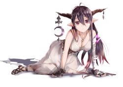 Rule 34 | 10s, 1girl, all fours, antenna hair, bad id, bad pixiv id, bandages, bandaged arm, bandages, bare shoulders, black gloves, breasts, crescent, danua, draph, dress, fingerless gloves, gloves, granblue fantasy, hair between eyes, horn ornament, horns, jewelry, long hair, looking at viewer, medium breasts, parted lips, pointy ears, purple hair, qwyte, red eyes, simple background, solo, white dress
