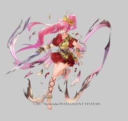 Rule 34 | 1girl, barefoot, belt, bow, bracelet, fire emblem, fire emblem: new mystery of the emblem, fire emblem heroes, full body, grey background, jewelry, long hair, mayo (becky2006), nintendo, official art, one eye closed, open mouth, phina (fire emblem), pink eyes, pink hair, ponytail, solo, sword, teeth, torn clothes, weapon