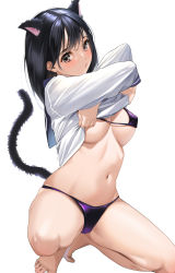 Rule 34 | 1girl, animal ears, bare legs, bare shoulders, barefoot, bikini, black hair, blue eyes, breasts, brown eyes, cat ears, cat girl, cat tail, clothes lift, extra ears, full body, large breasts, lifted by self, long hair, long sleeves, looking at viewer, navel, on one knee, original, parted lips, purple bikini, shirt, shirt lift, simple background, solo, stomach, string bikini, swimsuit, tail, tail raised, thighs, toro tarou, white background, white shirt