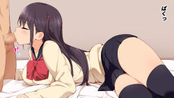 Rule 34 | beige sweater, black sailor collar, black skirt, black thighhighs, blush, bow, bowtie, breasts, censored, closed eyes, clothed female nude male, clothed sex, erection, feet out of frame, fellatio, from side, highres, large bow, large breasts, long hair, long sleeves, lying, mosaic censoring, nude, on bed, on side, one side up, oral, original, over-kneehighs, penis, pleated skirt, red bow, sailor collar, school uniform, serafuku, shii (eve), sidelocks, skirt, sleeves past wrists, straight hair, sweater, thighhighs, thighs, twisted torso, wide hips