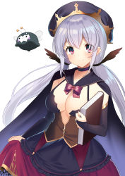 Rule 34 | 1girl, akagi kurage, bare shoulders, black cape, black dress, black headwear, blush, book, breasts, bridal gauntlets, cape, character request, choker, cleavage, closed mouth, creature, dress, frilled dress, frills, hair between eyes, highres, holding, holding book, long hair, low twintails, medium breasts, purple choker, red eyes, red skirt, sennen sensou aigis, sidelocks, silver hair, simple background, skirt, skirt hold, smile, solo, twintails, very long hair, white background
