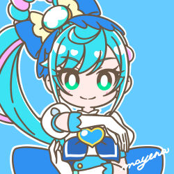 Rule 34 | 1girl, blue background, blue hair, bow, bright pupils, brooch, closed mouth, collar, cure spicy, delicious party precure, earrings, fuwa kokone, green eyes, hair bow, heart, heart brooch, highres, jewelry, long hair, looking at viewer, mayena, multicolored hair, outline, pink hair, precure, puffy short sleeves, puffy sleeves, short sleeves, side ponytail, smile, solo, streaked hair, upper body, very long hair, white collar, white outline, white pupils