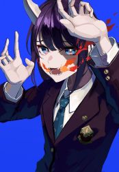 Rule 34 | 1girl, aoki ruri, arm up, blazer, blue background, blue eyes, blue necktie, breath weapon, breathing fire, bright pupils, buttoned cuffs, buttons, claw pose, collared shirt, dragon girl, dragon horns, emblem, fangs, fire, hand up, highres, horns, jacket, lapels, long sleeves, looking at viewer, medium hair, multicolored eyes, necktie, ninjin genjin, notched lapels, open mouth, parted bangs, pink eyes, purple hair, ruri dragon, school uniform, shirt, simple background, slit pupils, solo, swept bangs, upper body, white pupils, white shirt