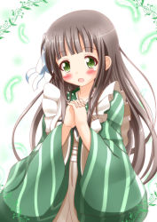 Rule 34 | 1girl, :o, ama usa an uniform, apron, blunt bangs, blush, breasts, brown hair, commentary request, cowboy shot, feathers, gochuumon wa usagi desu ka?, green eyes, green kimono, highres, interlocked fingers, japanese clothes, kimono, long hair, long sleeves, looking at viewer, open mouth, own hands together, polka dot trim, sidelocks, small breasts, smile, solo, striped clothes, striped kimono, ujimatsu chiya, white apron, white background, wide sleeves, xenon (for achieve)