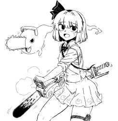 Rule 34 | 1girl, blood, blunt bangs, blush, bow, bowtie, chainsaw, chainsaw man, collared shirt, fang, formicid, ghost, ghost tail, greyscale, hair between eyes, hair intakes, hairband, high contrast, hitodama print, jaggy lines, konpaku youmu, konpaku youmu (ghost), looking at viewer, monochrome, oekaki, open mouth, parody, pochita (chainsaw man), print skirt, ribbon, shirt, short hair, skin fang, skirt, sleeves rolled up, sweat, sword, touhou, vest, weapon, wing collar