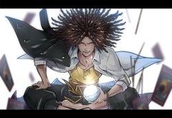 Rule 34 | &gt;:), 1boy, :d, ball, barefoot, black pants, brown eyes, brown hair, buttons, card, crystal ball, danganronpa: trigger happy havoc, danganronpa (series), dark-skinned male, dark skin, dreadlocks, facial hair, floating, floating object, gakuran, glowing, glowing eyes, hagakure yasuhiro, hand on own thigh, highres, holding, holding ball, imoni (1110), incense, indian style, jacket, jacket on shoulders, letterboxed, long hair, male focus, open mouth, pants, rug, school uniform, shirt, sitting, smile, solo, stubble, tarot, unbuttoned, unbuttoned shirt, v-shaped eyebrows, white shirt, yellow shirt