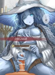 Rule 34 | 1girl, ;o, absurdres, bar censor, blue eyes, blue skin, breasts, candle, censored, cloak, colored skin, convenient censoring, cracked skin, cum, ejaculation, elden ring, extra arms, extra faces, fur cloak, girl on top, handjob, hat, highres, large hat, leogust, medium breasts, mosaic censoring, no nipples, no panties, one eye closed, open mouth, penis, ranni the witch, underboob, witch hat
