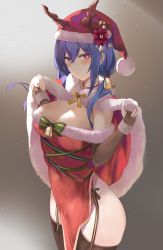 Rule 34 | 1girl, absurdres, arknights, bell, black gloves, black thighhighs, blue hair, breasts, cape, christmas, cleavage, commentary request, covered navel, dress, elbow gloves, fingerless gloves, flower, fur-trimmed cape, fur trim, garter straps, gloves, green ribbon, hair bell, hair ornament, hair over shoulder, half-closed eyes, hat, hat flower, highres, horns, jewelry, large breasts, long hair, long sleeves, looking at viewer, neck ring, off-shoulder dress, off shoulder, original, pelvic curtain, purple eyes, red cape, red dress, red hat, ribbon, ru zhai, santa dress, santa hat, solo, standing, thighhighs