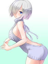 Rule 34 | 10s, 1girl, alternate costume, ass, backless outfit, bare arms, bare back, bare shoulders, bent over, blue eyes, breasts, butt crack, closed mouth, cowboy shot, from side, gradient background, gradient hair, grey ribbon, grey sweater, hair ornament, hair over one eye, hairclip, hamakaze (kancolle), kadokawa shoten, kantai collection, looking at viewer, looking to the side, maki (seventh heaven maxion), medium breasts, meme attire, multicolored hair, naked sweater, no bra, own hands together, pink hair, pink lips, ribbed sweater, shiny skin, short hair, sideboob, silver hair, sleeveless, solo, standing, sweater, turtleneck, virgin killer sweater