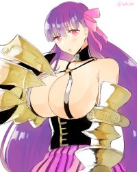 Rule 34 | 10s, 1girl, 5spra, breasts, claws, fate/extra, fate/extra ccc, fate (series), hair ribbon, huge breasts, long hair, passionlip (fate), pink eyes, purple hair, revealing clothes, ribbon, simple background, solo, very long hair