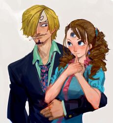 Rule 34 | 1boy, 1girl, blonde hair, blue eyes, brown hair, charlotte pudding, cigarette, couple, curly eyebrows, facial hair, formal, hetero, highres, jacket, long hair, long sleeves, mouth hold, one piece, rita ya, sanji (one piece), shirt, short hair, smile, suit, third eye, twintails