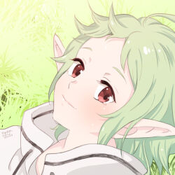 Rule 34 | 1girl, closed mouth, day, elf, green hair, hood, hooded jacket, izane, jacket, looking at viewer, lying, mushoku tensei, on back, on grass, outdoors, pointy ears, red eyes, short hair, smile, solo, sylphiette (mushoku tensei)