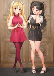 Rule 34 | 2girls, :d, absurdres, ameyame, bare legs, belt, black dress, black footwear, black hair, black ribbon, blonde hair, blurry, blush, bracelet, breasts, cleavage, closed eyes, closed mouth, collarbone, commentary, cross, crossed legs, depth of field, dress, earrings, ereshkigal (bitter sweet) (fate), ereshkigal (fate), fate/grand order, fate (series), full body, gucci, hair ribbon, hand up, high heels, highres, ishtar (bitter sweet) (fate), ishtar (fate), jewelry, long hair, looking at viewer, medium breasts, multiple girls, necklace, open mouth, pantyhose, parted bangs, red dress, red eyes, red legwear, red ribbon, ribbon, shoes, short sleeves, shrug (clothing), siblings, sisters, smile, standing, steepled fingers, striped clothes, striped dress, thighs, two side up, watson cross, white footwear, white ribbon