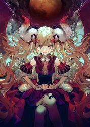 Rule 34 | 1girl, black bow, blonde hair, blunt bangs, bow, crossed legs, detached sleeves, flat chest, full moon, highres, horns, long hair, looking at viewer, moon, nail polish, night, night sky, nozaki tsubata, open mouth, original, outdoors, puffy sleeves, purple eyes, red moon, red nails, sitting, sky, solo, thighhighs, very long hair, white thighhighs