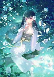 Rule 34 | 1girl, absurdres, arm support, barefoot, black hair, blurry, camellia, depth of field, finger to mouth, flower, green hair, hair flower, hair ornament, hand up, highres, index finger raised, japanese clothes, kimono, long hair, long sleeves, looking at viewer, mole, mole under eye, nature, obi, on ground, original, petals, rain, red eyes, sash, shushing, sitting, smile, solo, string, string of fate, toumin (onemunemu99), very long hair, white footwear, white kimono, yokozuwari