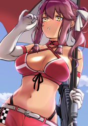 Rule 34 | 1girl, 3 small spiders, :o, bare shoulders, bikini, blue sky, blush, breasts, cleavage, collarbone, dark-skinned female, dark skin, elbow gloves, feet out of frame, from above, girls&#039; frontline, gloves, gun, hair ornament, hair ribbon, hairclip, hand in own hair, highres, holding, holding gun, holding umbrella, holding weapon, long hair, looking away, medium breasts, navel, official alternate costume, open mouth, purple hair, race queen, red bikini, red shorts, ribbon, saiga-12, saiga-12 (crimson navigator) (girls&#039; frontline), saiga-12 (girls&#039; frontline), shorts, shotgun, simple background, sky, solo, standing, swimsuit, umbrella, weapon, white gloves, white ribbon, yellow eyes