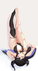 Rule 34 | 1girl, angelchama, asymmetrical horns, black hair, black necktie, blue hair, breasts, demon horns, highres, hololive, hololive english, horns, large breasts, legs up, lying, mole, mole on thigh, mole under eye, necktie, nerissa ravencroft, on back, red eyes, single thighhigh, solo, thighhighs, thighs, virtual youtuber