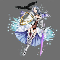 Rule 34 | 1girl, animal, apt, aqua eyes, armor, bird, braid, breasts, cleavage, crow, feathered wings, full body, garter straps, gauntlets, greaves, grey background, gyakushuu no fantasica, holding, holding sword, holding weapon, large breasts, long hair, looking at viewer, navel, official art, parted lips, see-through, shield, silver hair, simple background, solo, sword, weapon, white legwear, wings