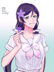 Rule 34 | 1girl, a song for you! you? you!, artist name, artist request, blush, bow, breasts, female focus, flower, green eyes, heart, highres, long hair, looking at viewer, love live!, love live! school idol project, medium breasts, parted lips, pengdyee, pink bow, purple flower, purple hair, sailor collar, shirt, smile, solo, teeth, tojo nozomi, twintails, white bow, white shirt