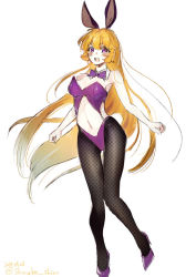 Rule 34 | 1girl, alternate costume, blonde hair, bow, bowtie, clenched hands, clothing cutout, collarbone, detached collar, female focus, floating hair, full body, konno shimako, leaning forward, leotard, long hair, looking at viewer, navel, open mouth, pantyhose, playboy bunny, purple bow, purple bowtie, purple eyes, rabbit tail, sally emil, simple background, smile, solo, stomach cutout, super robot wars, super robot wars gc, white background