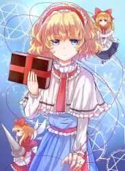 Rule 34 | 3girls, alice margatroid, apron, blonde hair, blue background, blue dress, blue eyes, book, bow, capelet, closed mouth, cowboy shot, dress, expressionless, frilled apron, frilled capelet, frilled shirt collar, frills, hair bow, hexagram, highres, holding, holding book, holding sword, holding weapon, jewelry, jitome, looking at viewer, magic circle, multiple girls, own hands together, profile, red bow, red dress, ring, shanghai doll, short hair, snowflake background, string, sword, tigern, touhou, weapon, white apron, white capelet