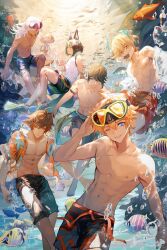 Rule 34 | 6+boys, alhaitham (genshin impact), animal ear fluff, animal ears, black hair, black male swimwear, blonde hair, blue eyes, brown eyes, brown hair, cyno (genshin impact), dark-skinned male, dark skin, earrings, feather hair ornament, feathers, fish, fox boy, fox ears, genshin impact, goggles, goggles on head, gradient hair, green eyes, green hair, grey hair, hair between eyes, hair ornament, hair over one eye, highres, jacket, jellyfish, jewelry, kaveh (genshin impact), long hair, long sleeves, male focus, male swimwear, multicolored hair, multiple boys, navel, necklace, nipples, one eye closed, open mouth, orange hair, red eyes, red male swimwear, short hair, single earring, stomach, streaked hair, tank top, tartaglia (genshin impact), tighnari (genshin impact), topless male, touming tomei, underwater, white hair, white jacket, white tank top, zhongli (genshin impact)