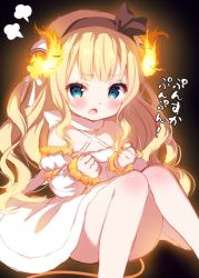 Rule 34 | 1girl, blonde hair, blue eyes, blush, brown hairband, chitosezaka suzu, commentary request, criss-cross halter, curled horns, detached sleeves, dress, feet out of frame, fiery horns, gochuumon wa usagi desu ka?, hairband, halterneck, horns, kirima syaro, knees together feet apart, knees up, layered sleeves, long hair, long sleeves, looking at viewer, open mouth, puffy short sleeves, puffy sleeves, short over long sleeves, short sleeves, sitting, sleeves past wrists, solo, translation request, very long hair, white dress