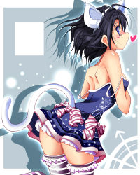Rule 34 | 1girl, animal ears, bare back, bare shoulders, black hair, cat ears, cat tail, from behind, heart, highres, idolmaster, idolmaster (classic), kemonomimi mode, kikuchi makoto, natsu (anta tte hitoha), profile, purple eyes, shadow, short hair, solo, strap slip, striped clothes, striped thighhighs, tail, thighhighs