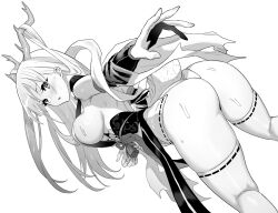 Rule 34 | 1girl, ass, azur lane, azur lane: slow ahead, bare back, breasts, dragon horns, fingernails, from behind, greyscale, hair on horn, hori (hori no su), horns, japanese clothes, large breasts, long hair, looking at viewer, looking back, monochrome, official art, parted lips, revealing clothes, ribbon-trimmed thighhighs, ribbon trim, shimanto (azur lane), simple background, solo, thighhighs, wet, white background